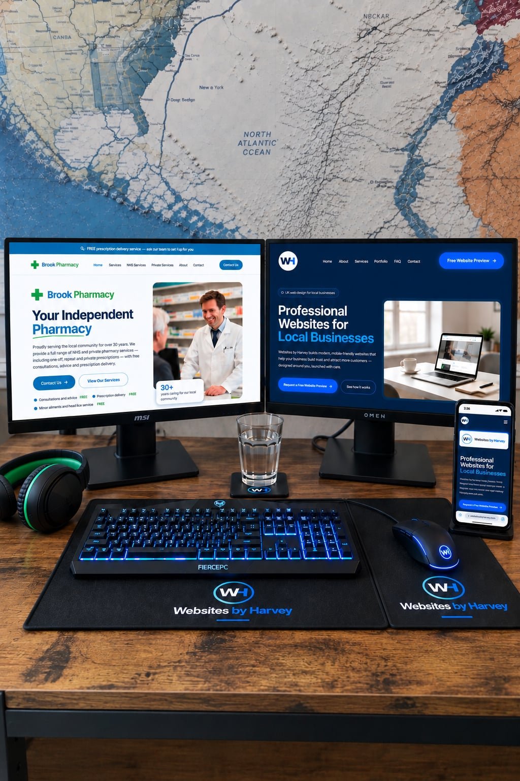 Websites by Harvey web design workspace showing business websites across desktop and mobile